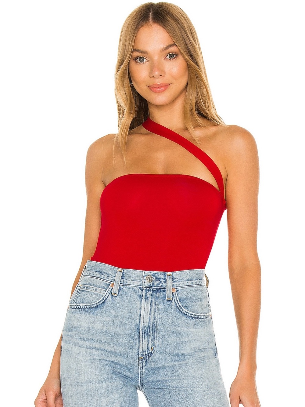 superdown Red One-Shoulder Asymmetric Bodysuit